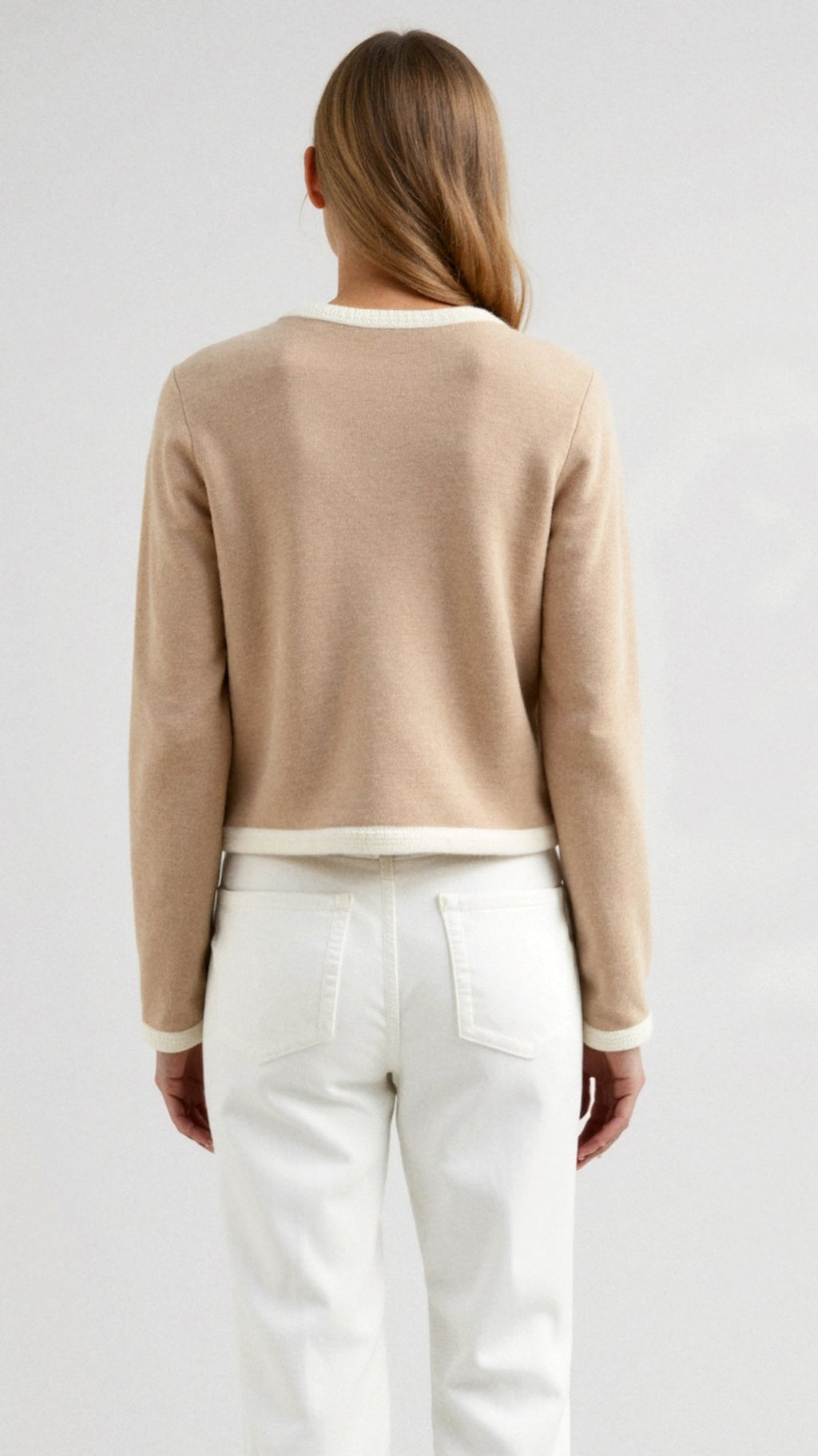 Cropped Knit Jacket with Contrast Piping & Pockets — view 3