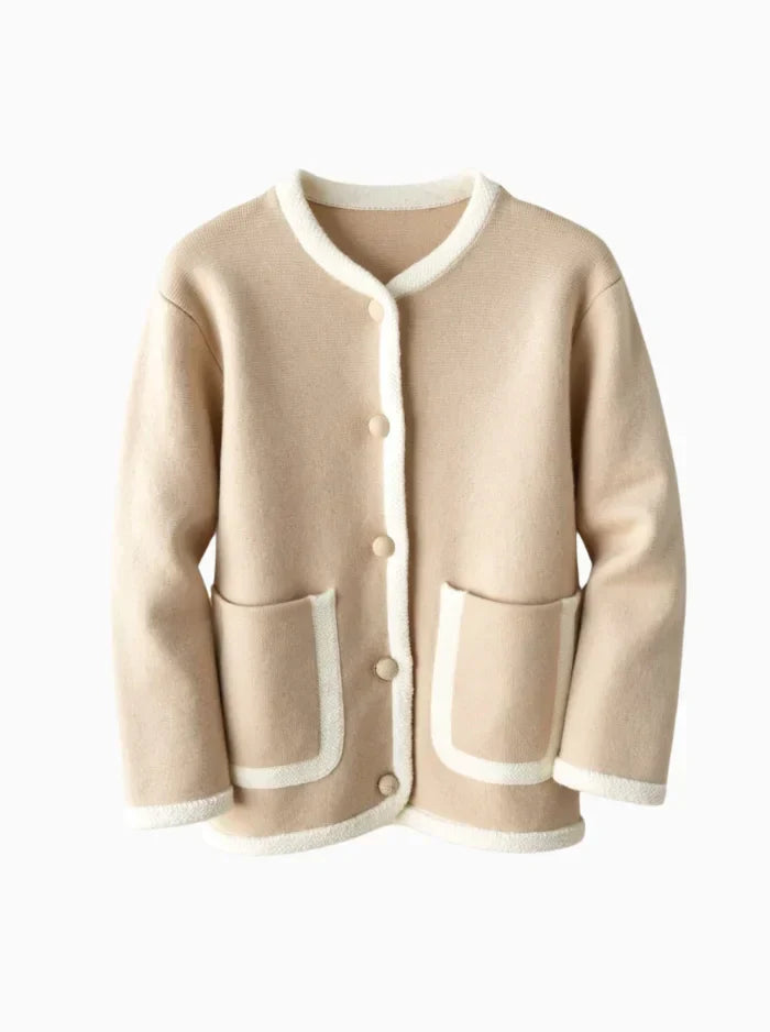 Cropped Knit Jacket with Contrast Piping & Pockets