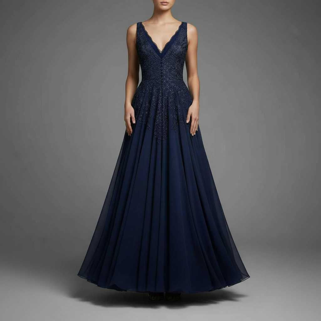 Midnight Navy Slip Gown with Thigh-High Slit