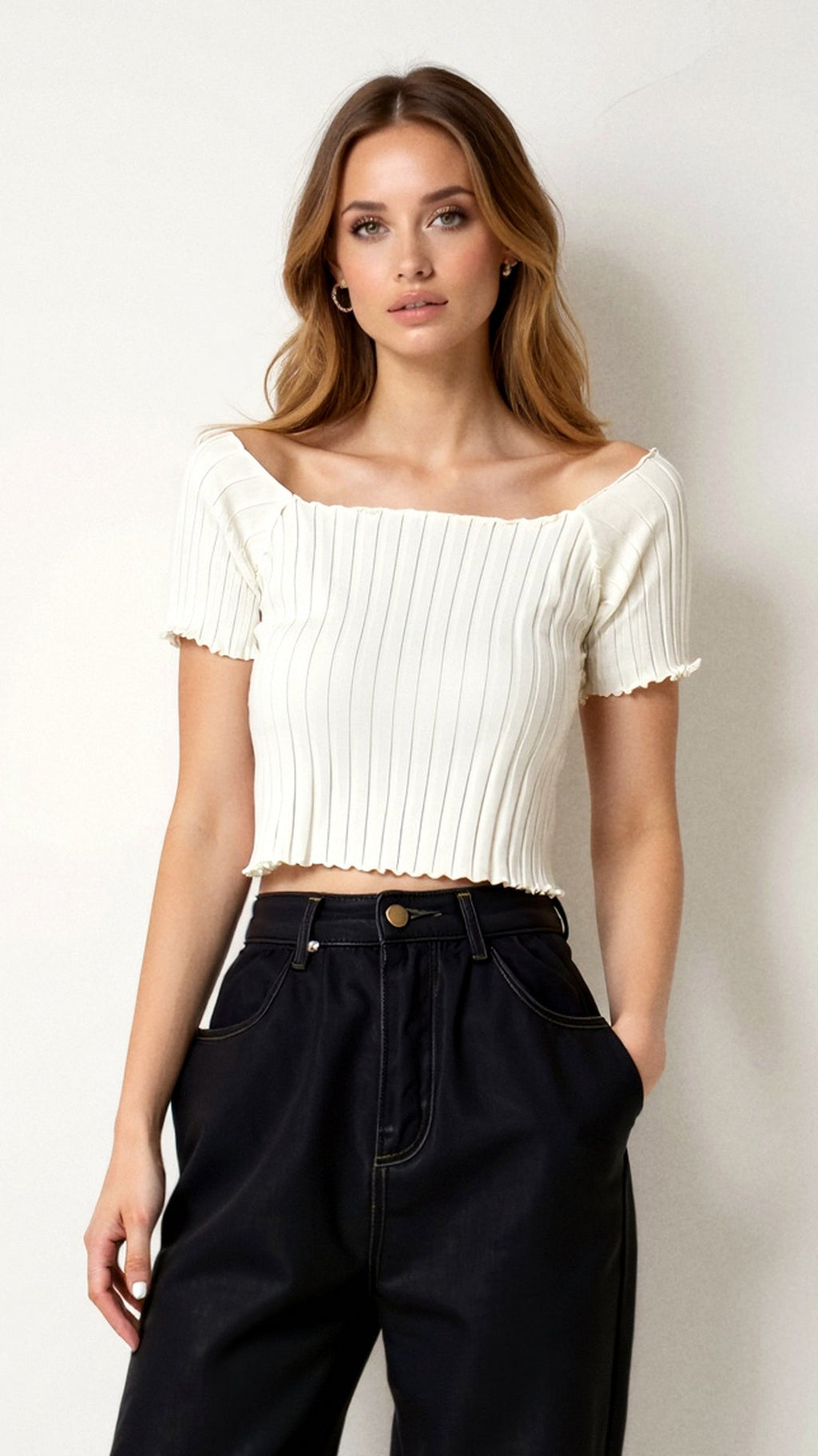 Ribbed Square-Neck Top with Puff Sleeves — view 2