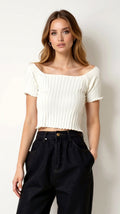 Ribbed Square-Neck Top with Puff Sleeves — view 2