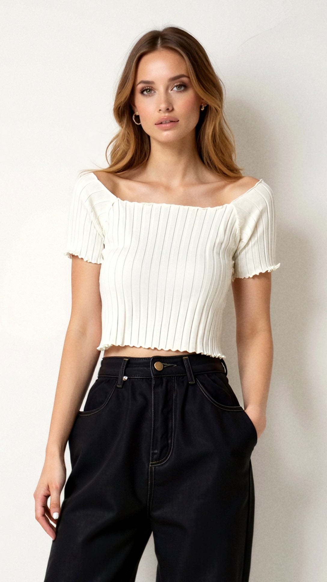 Ribbed Square-Neck Top with Puff Sleeves — view 2