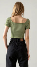 Ribbed Square-Neck Top with Puff Sleeves — view 9