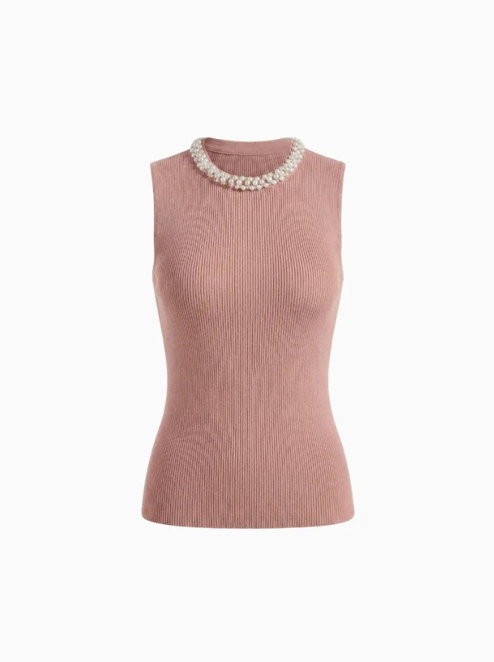 Ribbed Tank with Pearl Embellishment