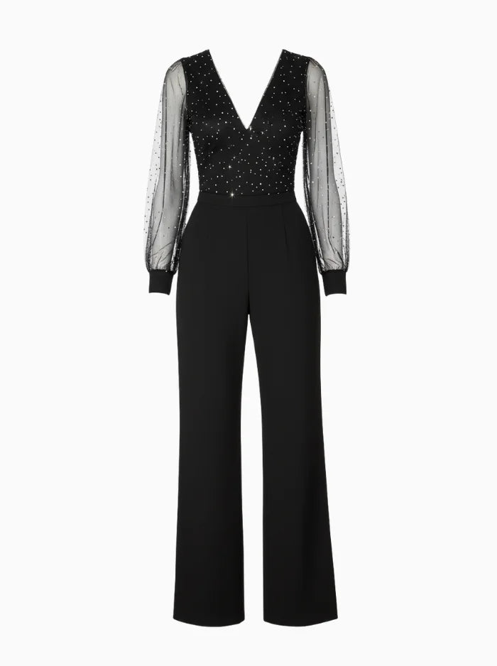 Sheer-Sleeve Evening Jumpsuit