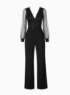 Sheer-Sleeve Evening Jumpsuit