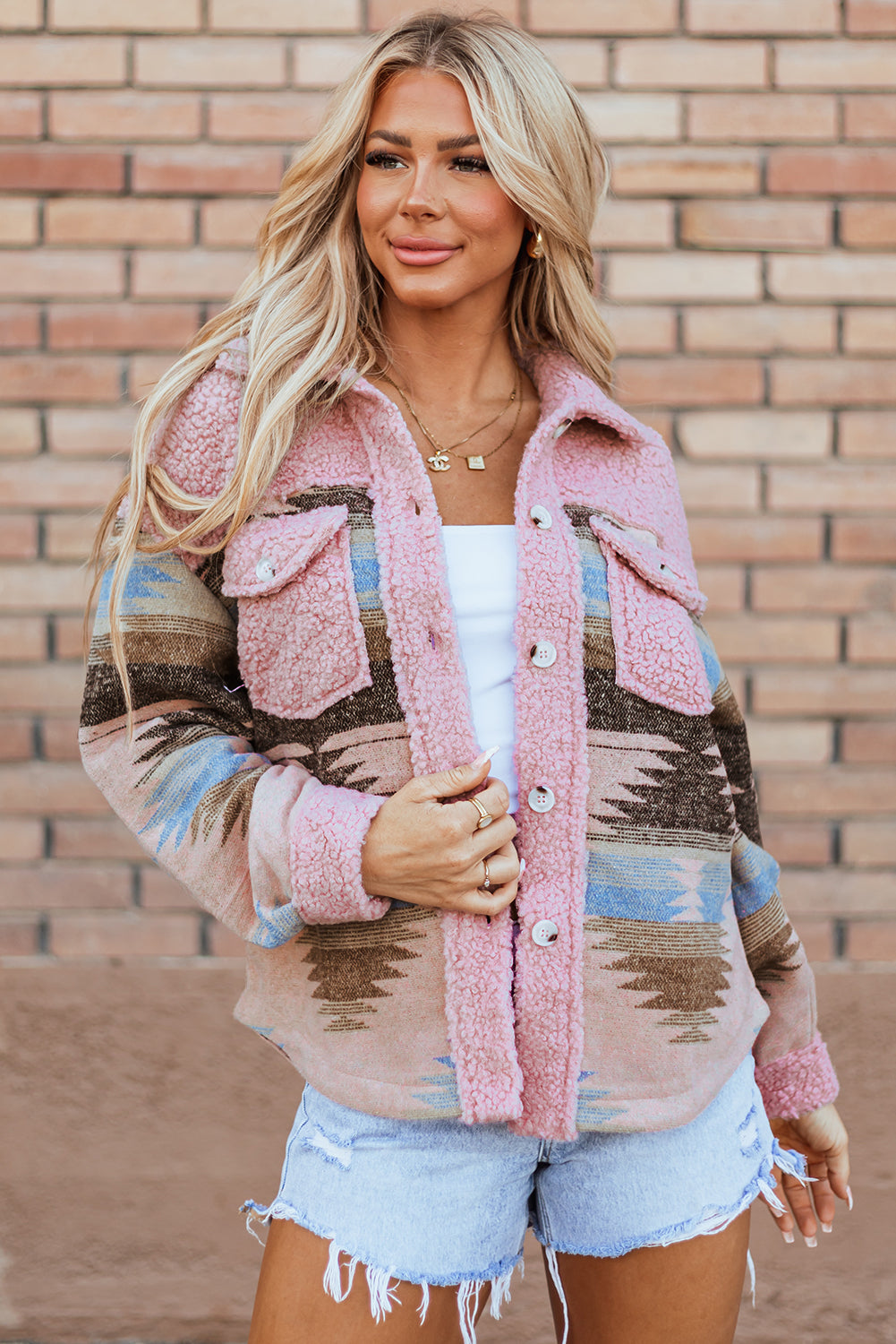 Western-Pattern Sherpa Jacket with Button Pockets — view 2