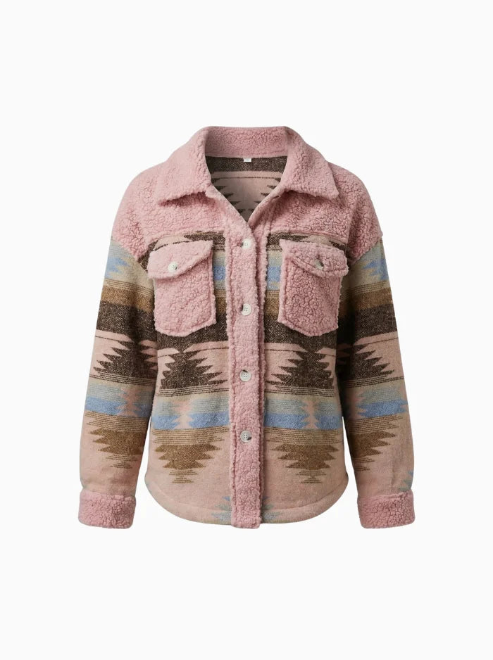 Western-Pattern Sherpa Jacket with Button Pockets